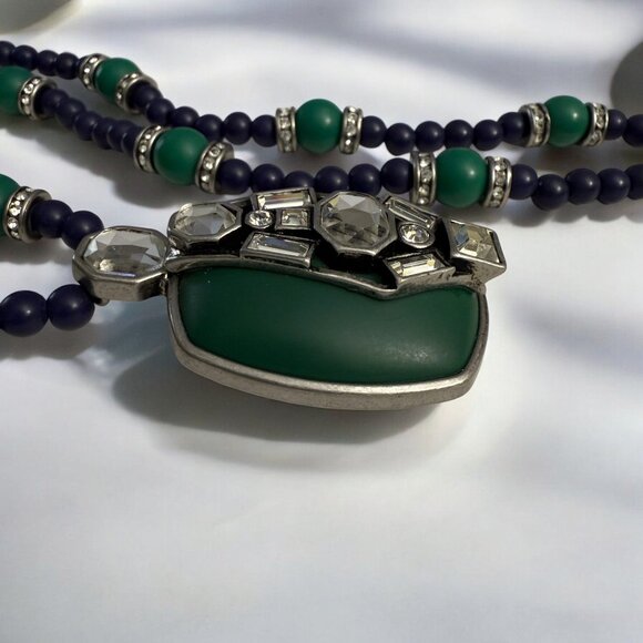 Lia Sophia Retired Art Deco Inspired Necklace Green Crystal Pendant Beaded - Picture 5 of 11